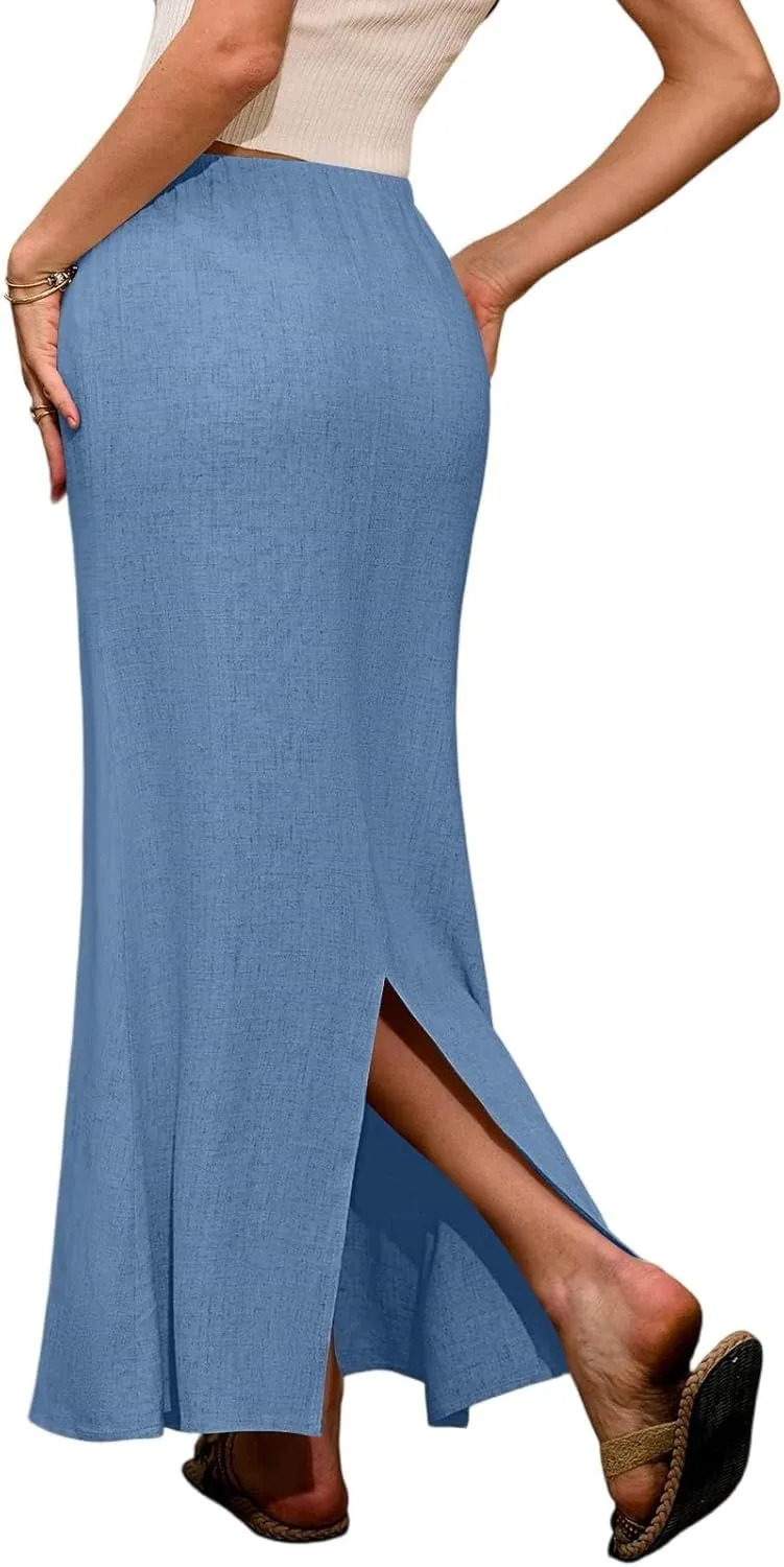 Linen Flared Maxi Skirt with Back Slit - Elastic Waist Drawstring Long Flowy Ankle-Length Skirt with Side Pockets