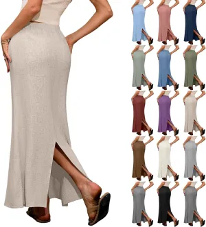 Linen Flared Maxi Skirt with Back Slit - Elastic Waist Drawstring Long Flowy Ankle-Length Skirt with Side Pockets
