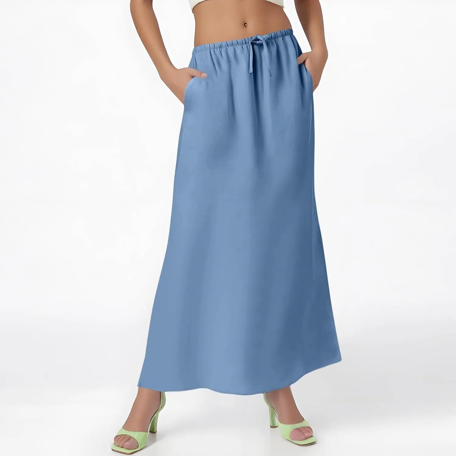 Linen Flared Maxi Skirt with Back Slit - Elastic Waist Drawstring Long Flowy Ankle-Length Skirt with Side Pockets