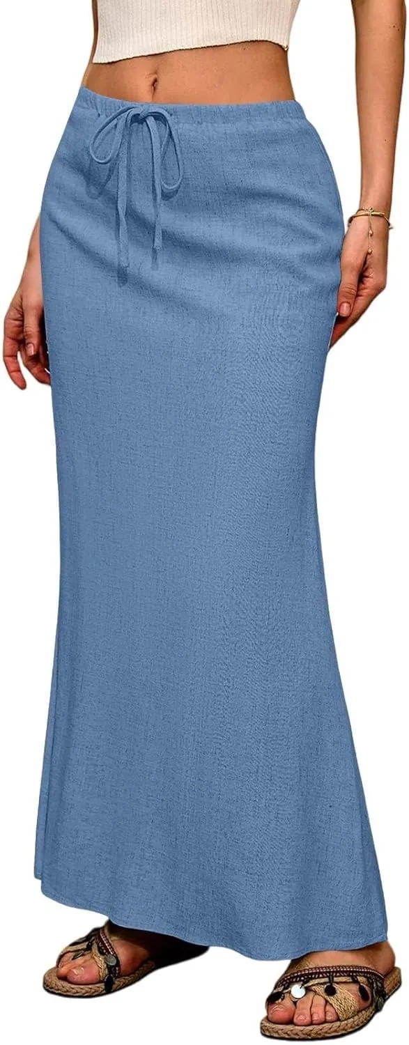 Linen Flared Maxi Skirt with Back Slit - Elastic Waist Drawstring Long Flowy Ankle-Length Skirt with Side Pockets