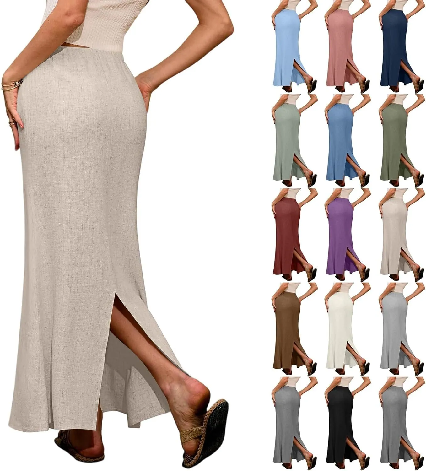 Linen Flared Maxi Skirt with Back Slit - Elastic Waist Drawstring Long Flowy Ankle-Length Skirt with Side Pockets