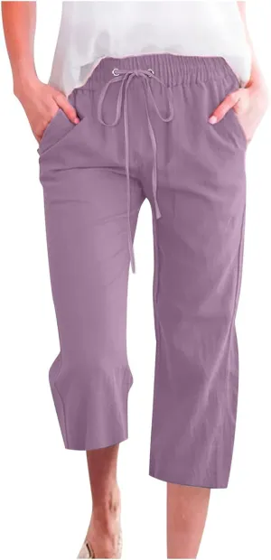 Linen Joggers for Women Capri Pants Cotton Wide Leg High Waisted Dressy Trousers Casual Summer Lounge Trousers
