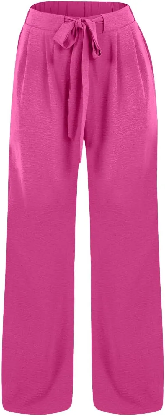 Linen Palazzo Pants for Women Casual Loose Beach Wide Leg Flowy Trousers High Waisted Tie Knot Lounge Pant