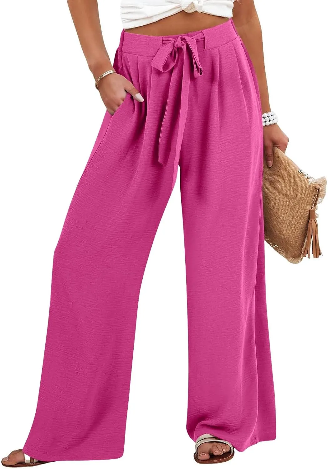 Linen Palazzo Pants for Women Casual Loose Beach Wide Leg Flowy Trousers High Waisted Tie Knot Lounge Pant