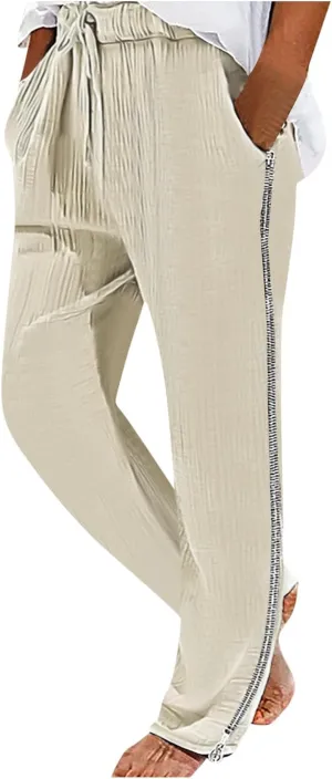 Linen Pants for Men Beach Wedding Slim Fit Drawstring Summer Pants Casual Trendy Lightweight Trousers with Pockets