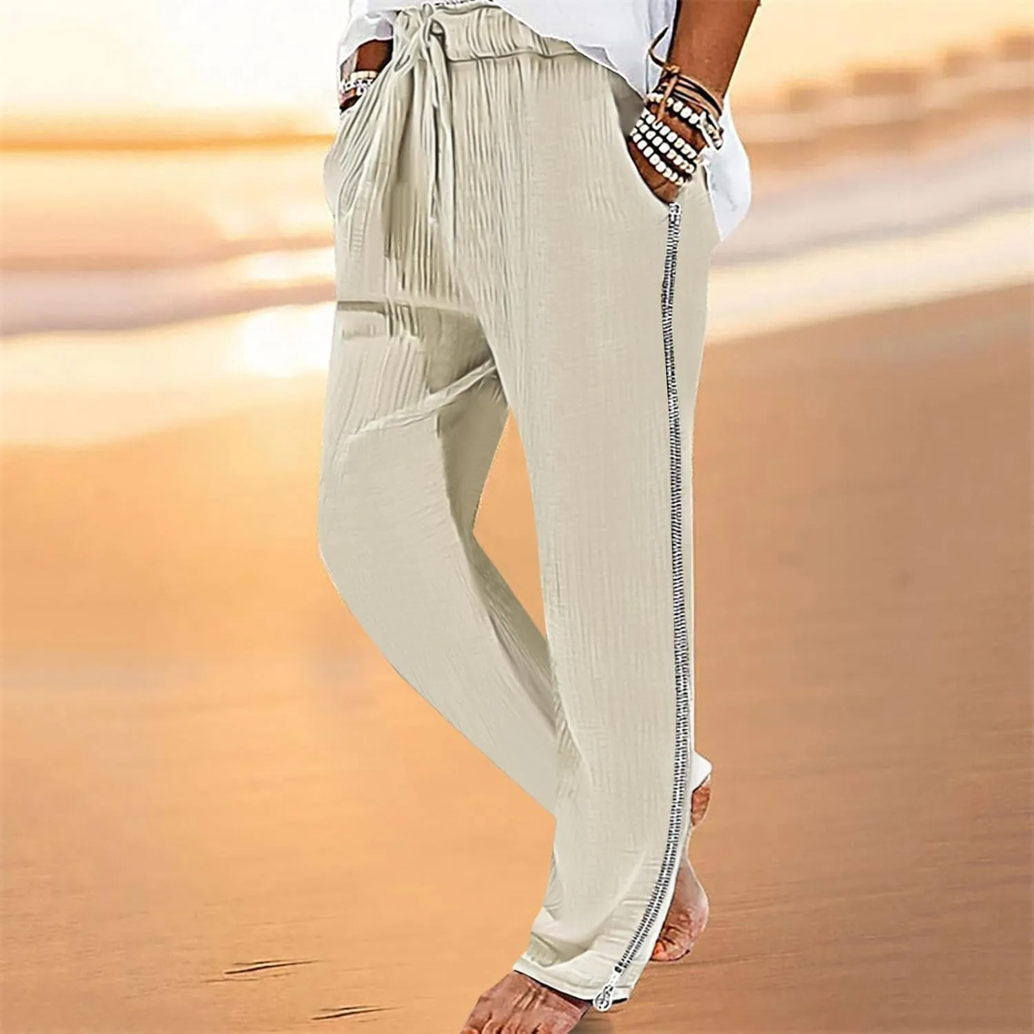 Linen Pants for Men Beach Wedding Slim Fit Drawstring Summer Pants Casual Trendy Lightweight Trousers with Pockets