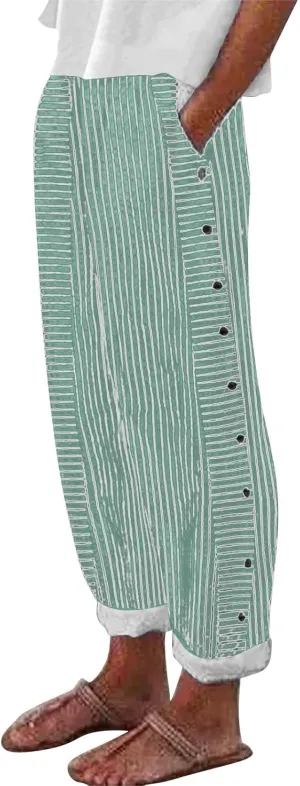 Linen Pants for Women 2025 Casual Plus Size Trendy Striped Spring Summer Gauze Pants Elastic Waist Comfy Trousers