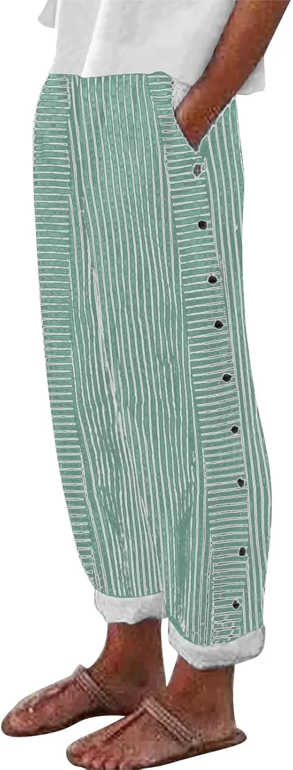 Linen Pants for Women 2025 Casual Plus Size Trendy Striped Spring Summer Gauze Pants Elastic Waist Comfy Trousers