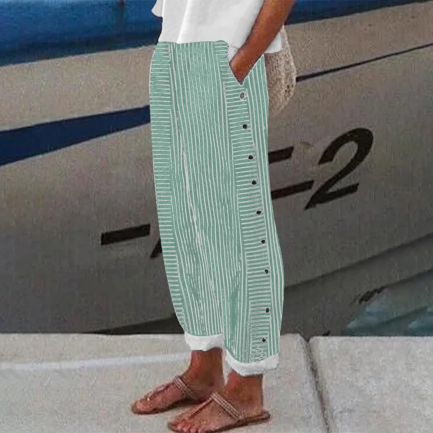 Linen Pants for Women 2025 Casual Plus Size Trendy Striped Spring Summer Gauze Pants Elastic Waist Comfy Trousers
