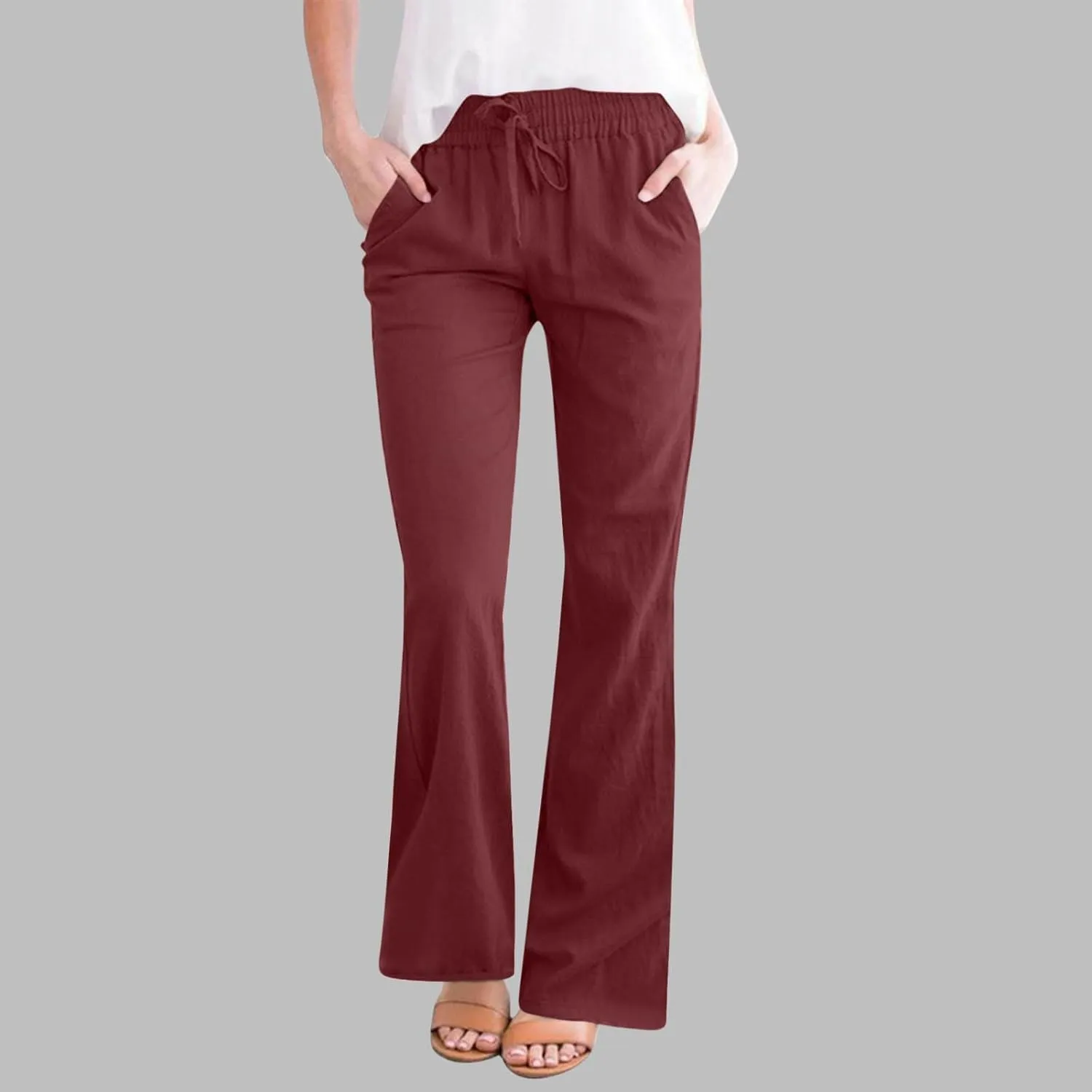 Linen Pants for Women 2025 Summer Casual Flare Trousers Drawstring Elastic High Waist Cotton Long Pant with Pockets