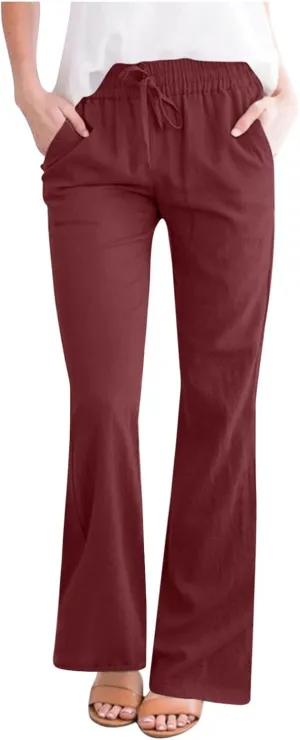 Linen Pants for Women 2025 Summer Casual Flare Trousers Drawstring Elastic High Waist Cotton Long Pant with Pockets