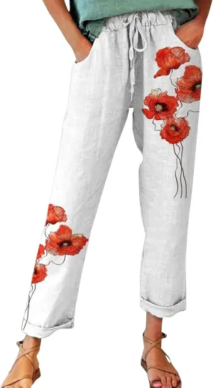 Linen Pants for Women Casual Vintage Tropical Floral Print Elastic High Waist Drawstring Pant Summer Beach Trouser