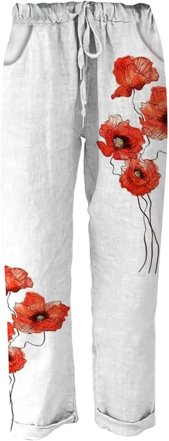 Linen Pants for Women Casual Vintage Tropical Floral Print Elastic High Waist Drawstring Pant Summer Beach Trouser