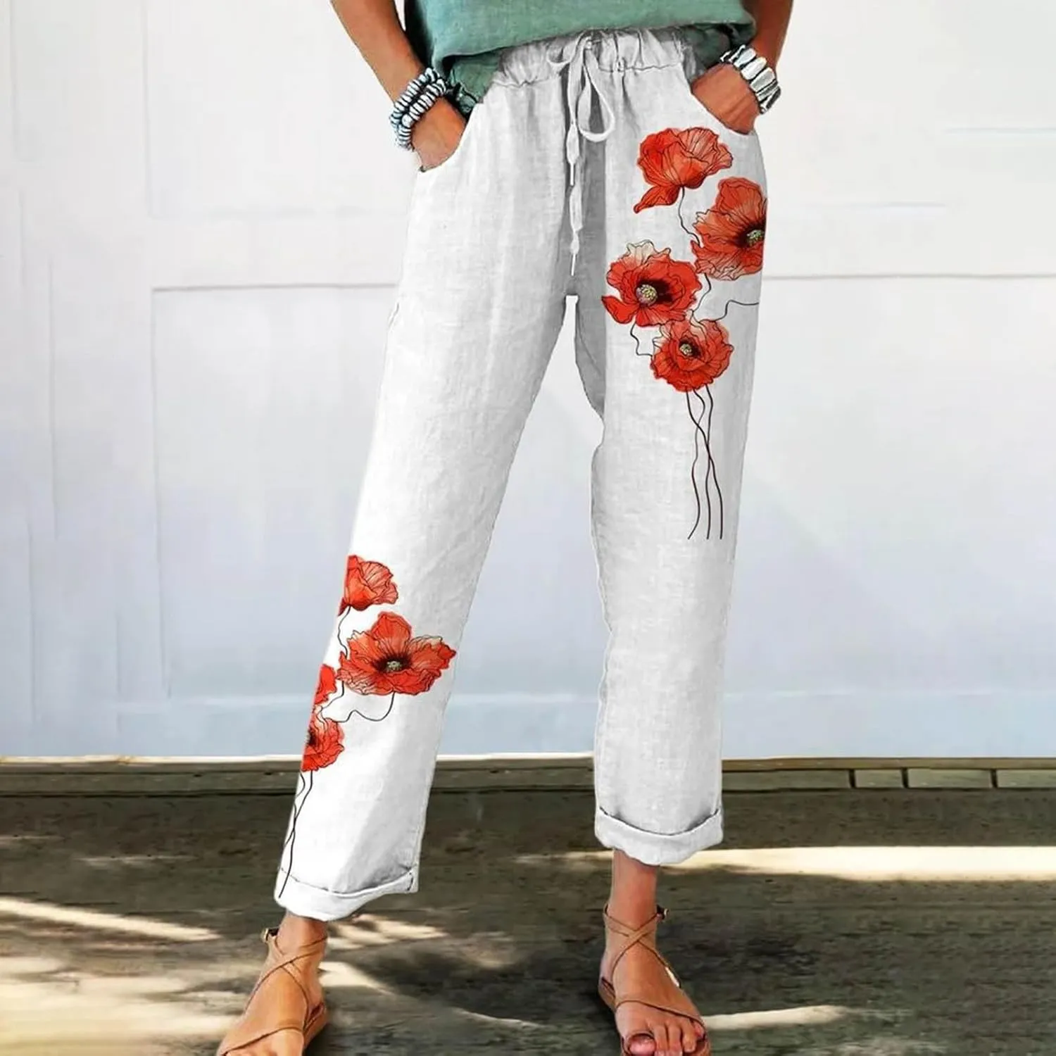 Linen Pants for Women Casual Vintage Tropical Floral Print Elastic High Waist Drawstring Pant Summer Beach Trouser