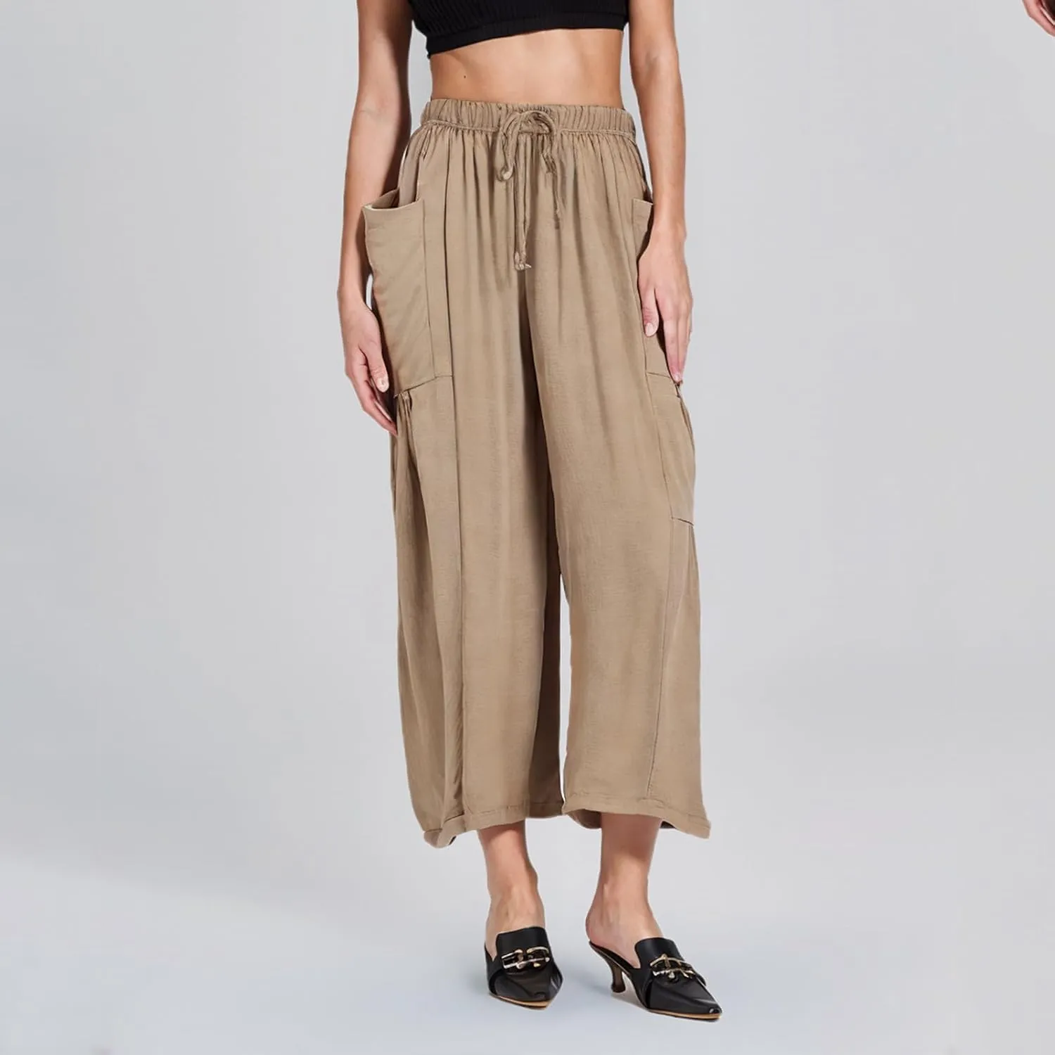 Linen Pants for Women Fashion 2025 Casual Lightweight Drawstring Elastic Waist Pants Solid Trousers with Pockets