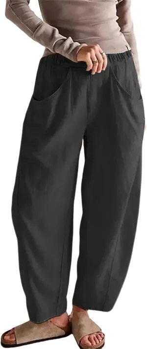 Linen Pants for Women Loose Fit Summer Elastic High Waisted Lounge Trousers Casual Comfy Solid Fashion Pants Pockets