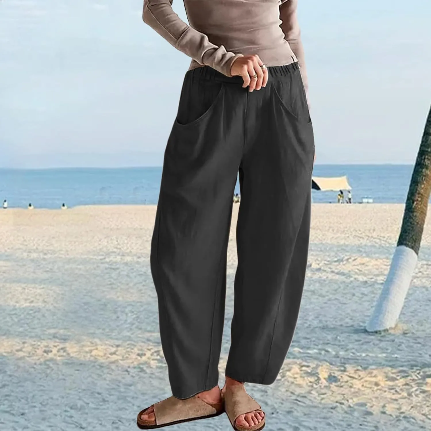 Linen Pants for Women Loose Fit Summer Elastic High Waisted Lounge Trousers Casual Comfy Solid Fashion Pants Pockets