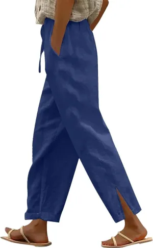 Linen Pants for Women Summer 2025 Elastic Waist Straight Leg Lightweight Pants Vacation Beach Casual Trendy Trousers