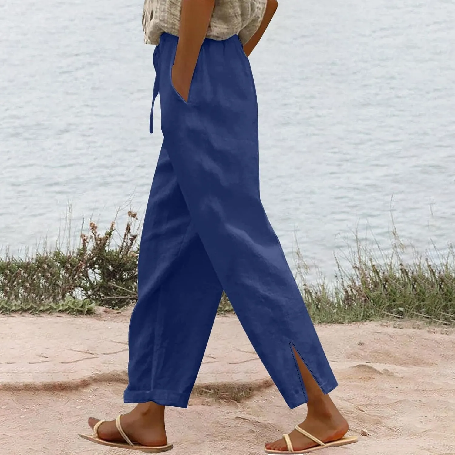 Linen Pants for Women Summer 2025 Elastic Waist Straight Leg Lightweight Pants Vacation Beach Casual Trendy Trousers