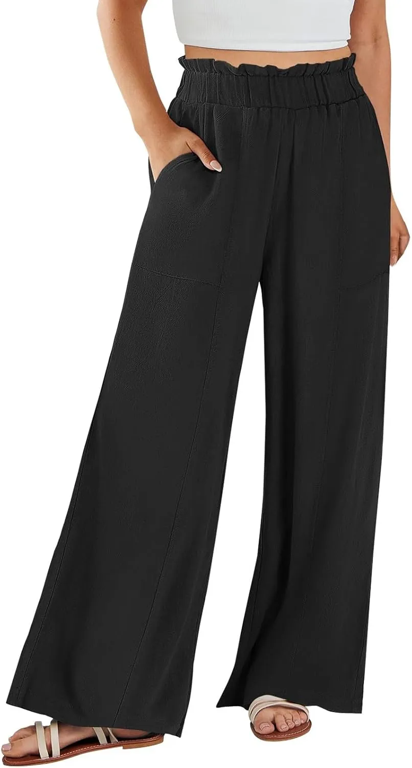 Linen Pants for Women Trendy Casual Ruffle High Waist Wide Leg Beach Palazzo Pants Slacks Trousers with Pockets