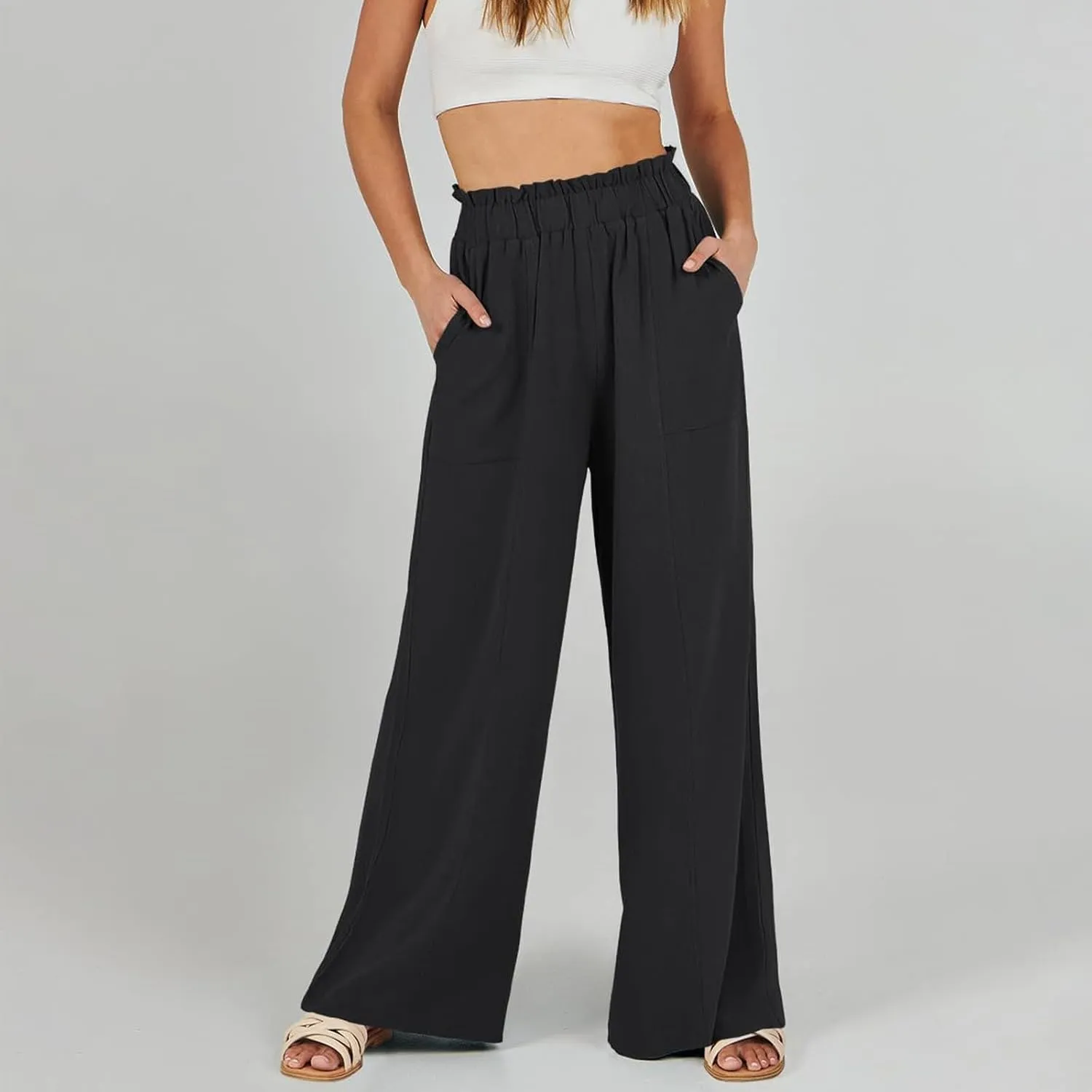 Linen Pants for Women Trendy Casual Ruffle High Waist Wide Leg Beach Palazzo Pants Slacks Trousers with Pockets