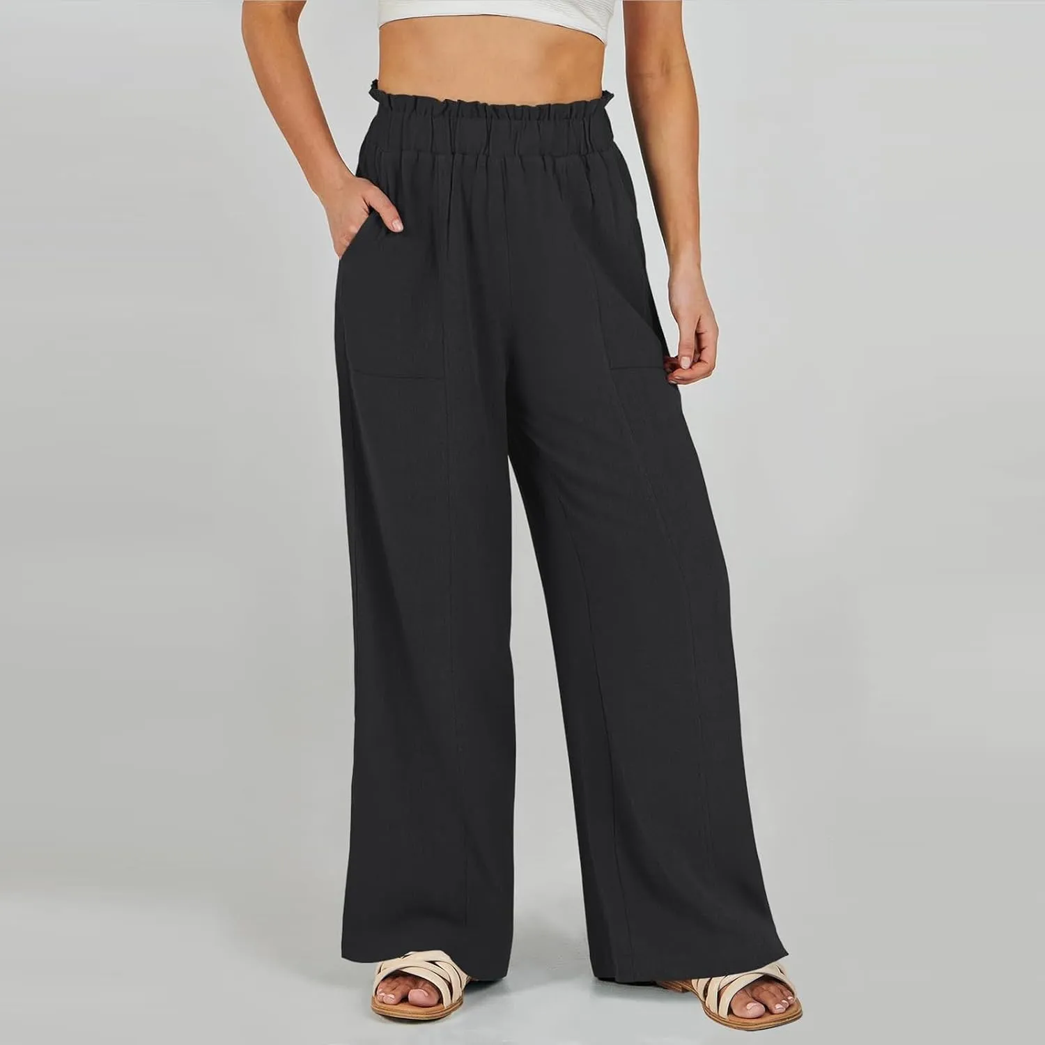 Linen Pants for Women Trendy Casual Ruffle High Waist Wide Leg Beach Palazzo Pants Slacks Trousers with Pockets
