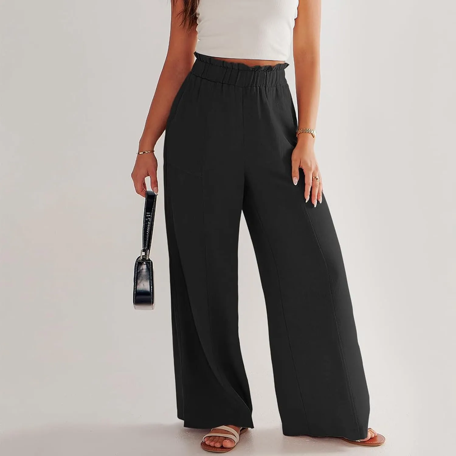 Linen Pants for Women Trendy Casual Ruffle High Waist Wide Leg Beach Palazzo Pants Slacks Trousers with Pockets