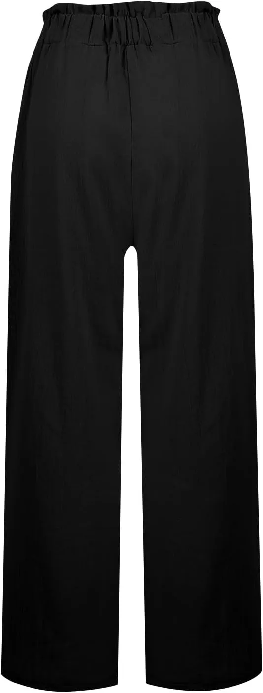 Linen Pants for Women Trendy Casual Ruffle High Waist Wide Leg Beach Palazzo Pants Slacks Trousers with Pockets
