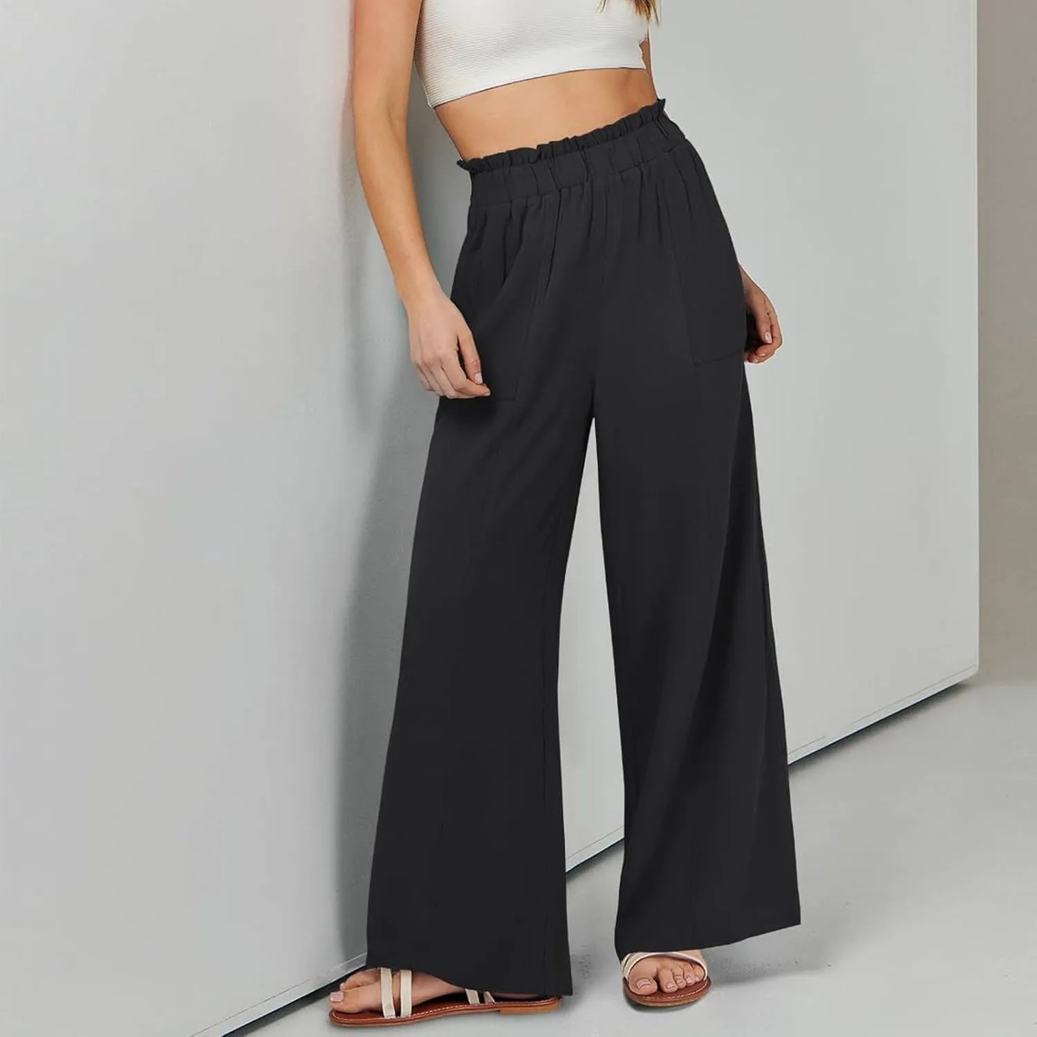 Linen Pants for Women Trendy Casual Ruffle High Waist Wide Leg Beach Palazzo Pants Slacks Trousers with Pockets