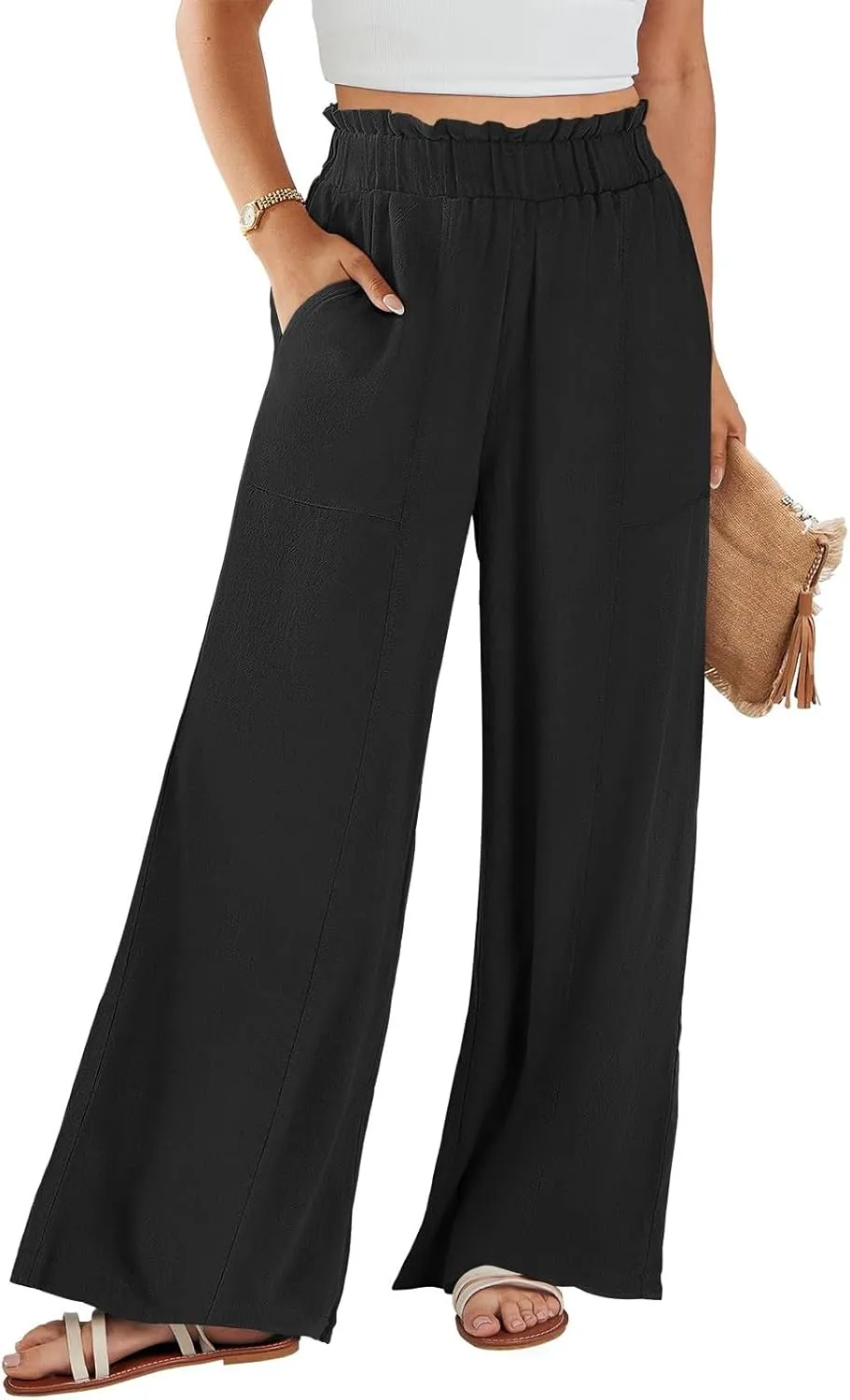 Linen Pants for Women Trendy Casual Ruffle High Waist Wide Leg Beach Palazzo Pants Slacks Trousers with Pockets