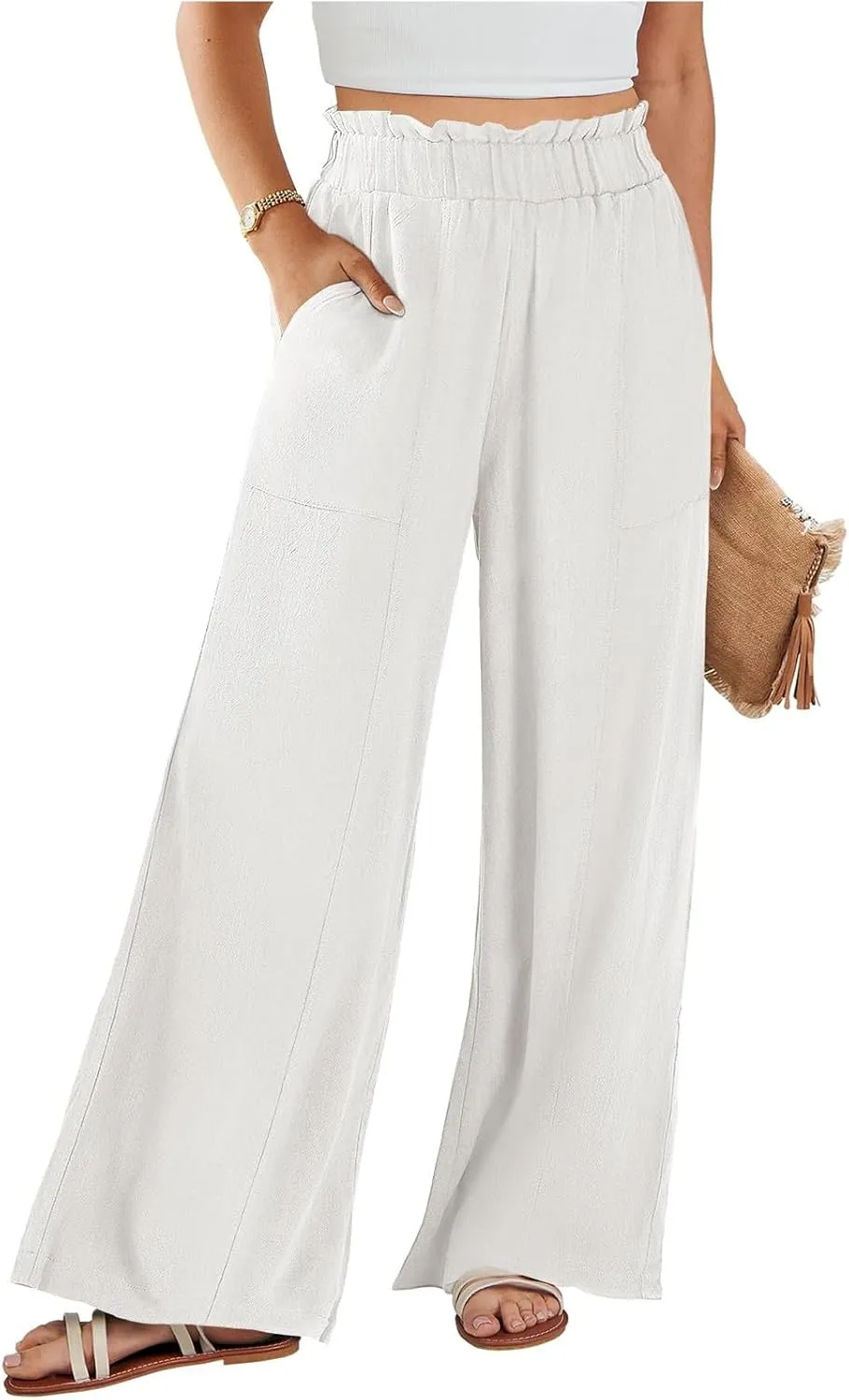 Linen Pants for Women Trendy Casual Trousers with Pockets Ruffle High Waist Wide Leg Beach Palazzo Pants Slacks
