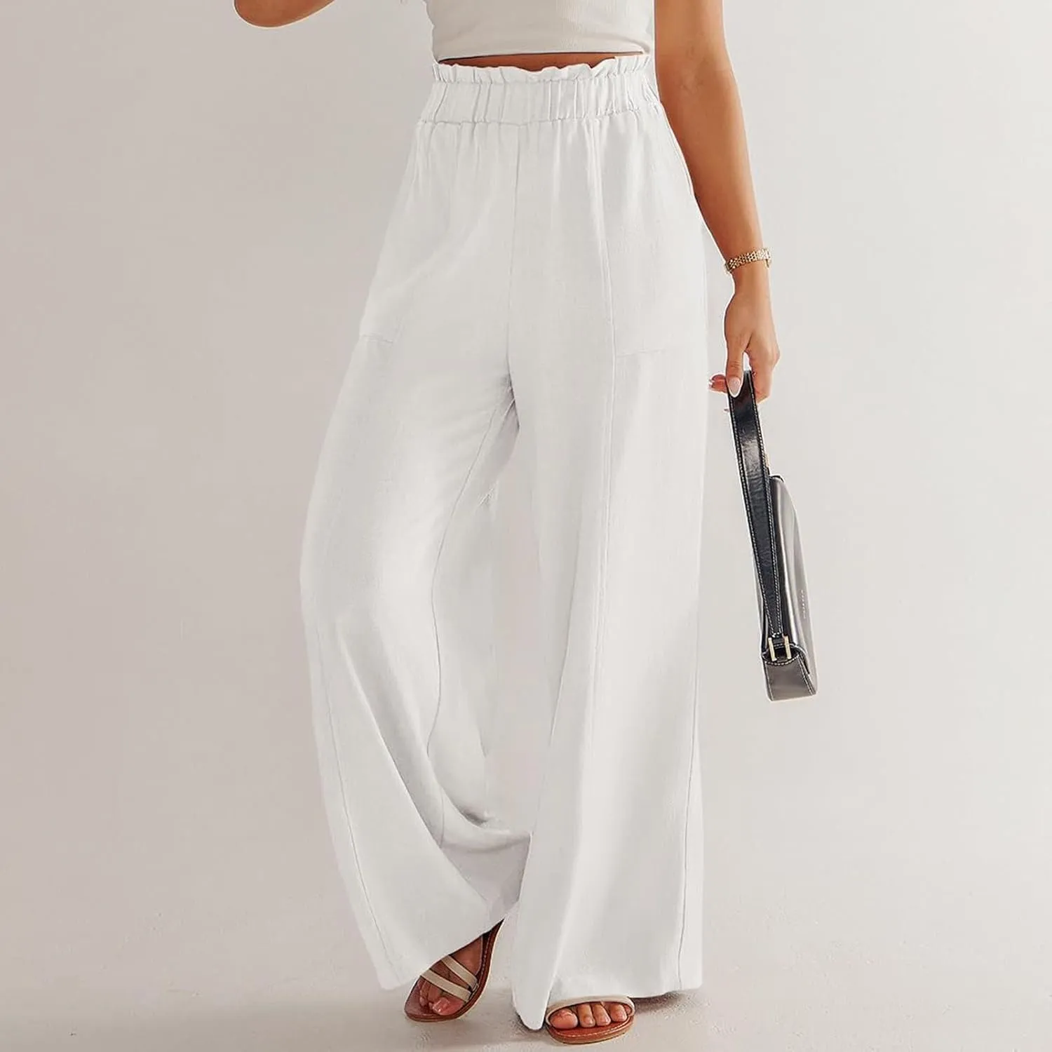 Linen Pants for Women Trendy Casual Trousers with Pockets Ruffle High Waist Wide Leg Beach Palazzo Pants Slacks