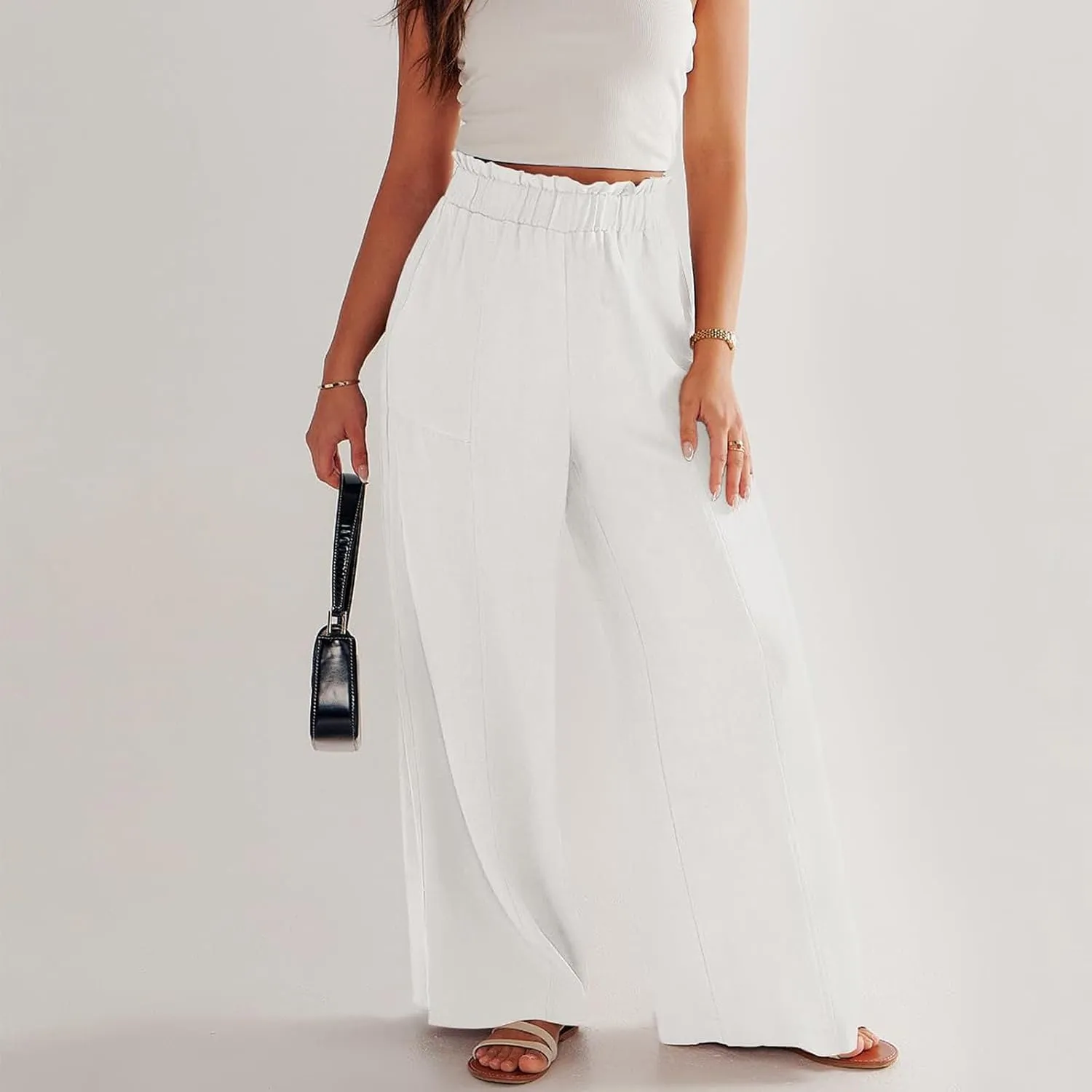 Linen Pants for Women Trendy Casual Trousers with Pockets Ruffle High Waist Wide Leg Beach Palazzo Pants Slacks