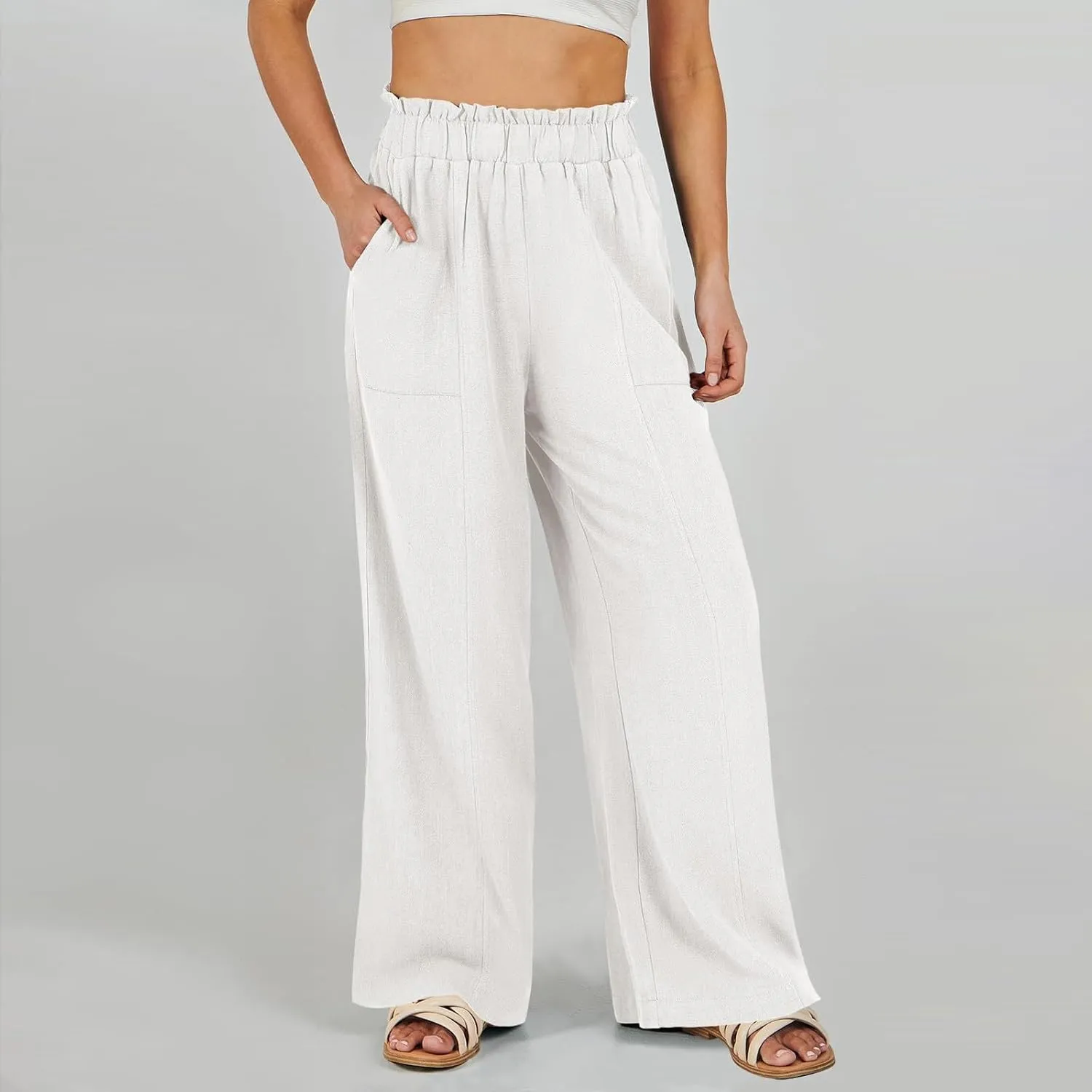 Linen Pants for Women Trendy Casual Trousers with Pockets Ruffle High Waist Wide Leg Beach Palazzo Pants Slacks