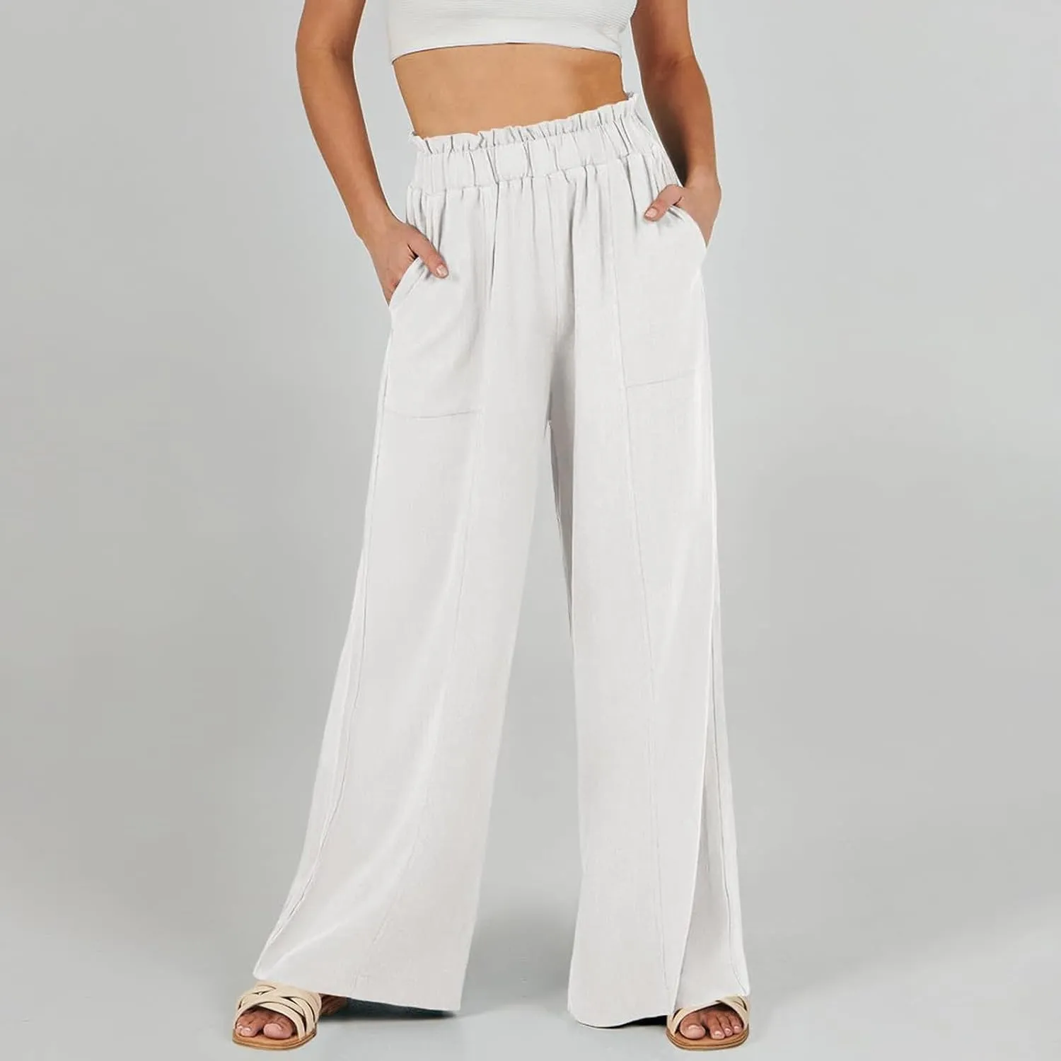 Linen Pants for Women Trendy Casual Trousers with Pockets Ruffle High Waist Wide Leg Beach Palazzo Pants Slacks
