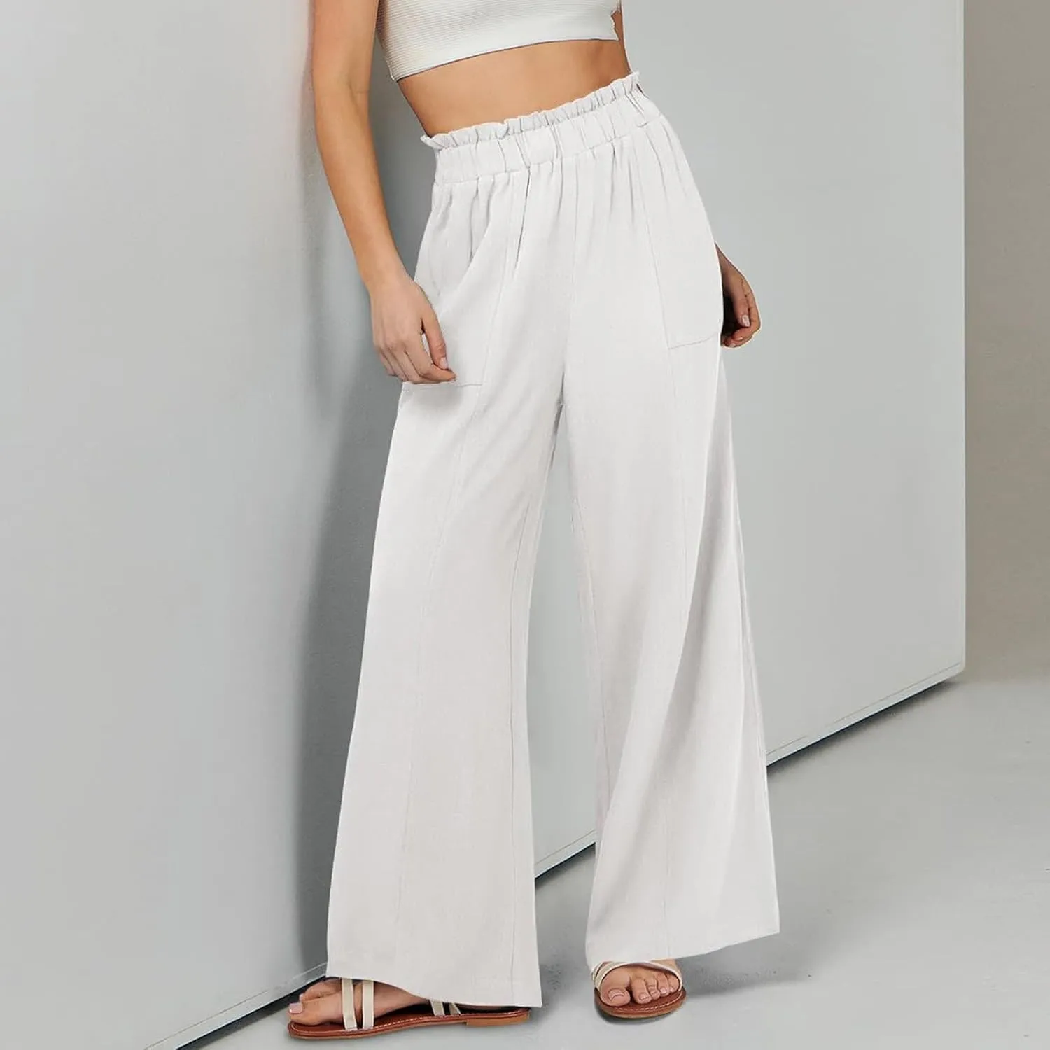 Linen Pants for Women Trendy Casual Trousers with Pockets Ruffle High Waist Wide Leg Beach Palazzo Pants Slacks