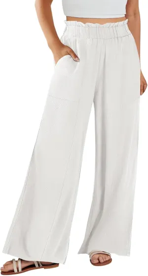 Linen Pants for Women Trendy Casual Trousers with Pockets Ruffle High Waist Wide Leg Beach Palazzo Pants Slacks