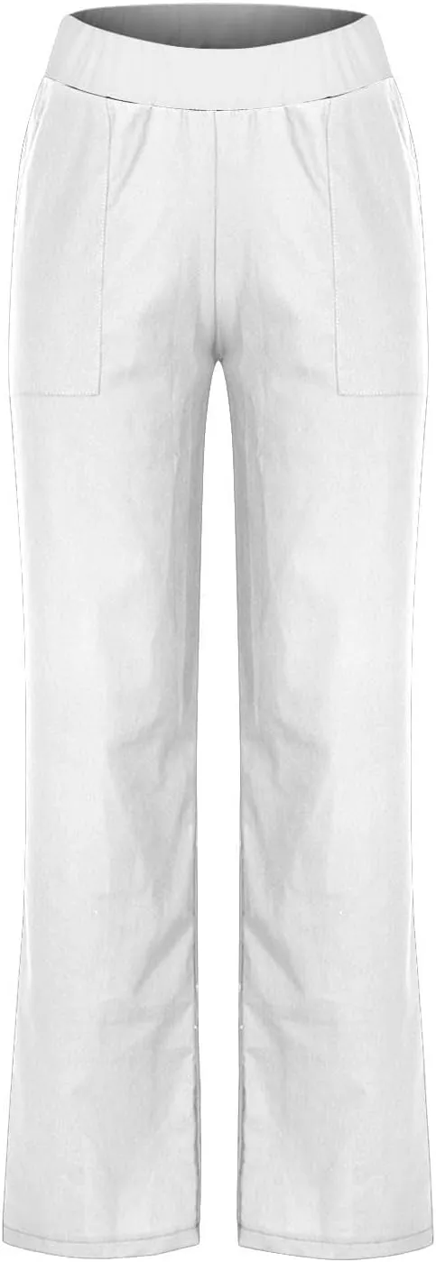 Linen Pants Women 2025 Summer Lightweight Baggy Lounge Pants Elastic High Waisted Straight Leg Pull on Pants with Pockets
