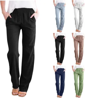 Linen Pants Women 2025 Summer Lightweight Baggy Lounge Pants Elastic High Waisted Straight Leg Pull on Pants with Pockets