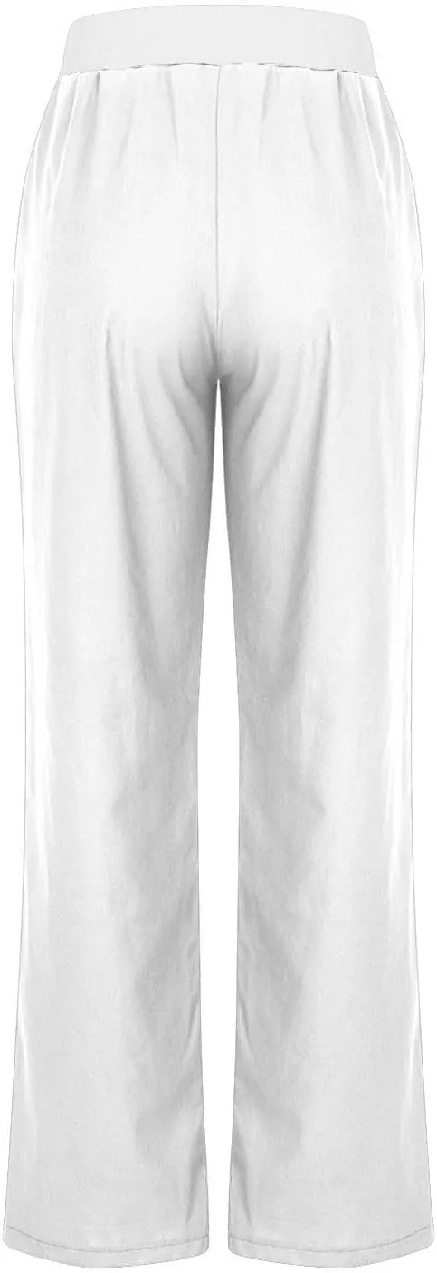 Linen Pants Women 2025 Summer Lightweight Baggy Lounge Pants Elastic High Waisted Straight Leg Pull on Pants with Pockets