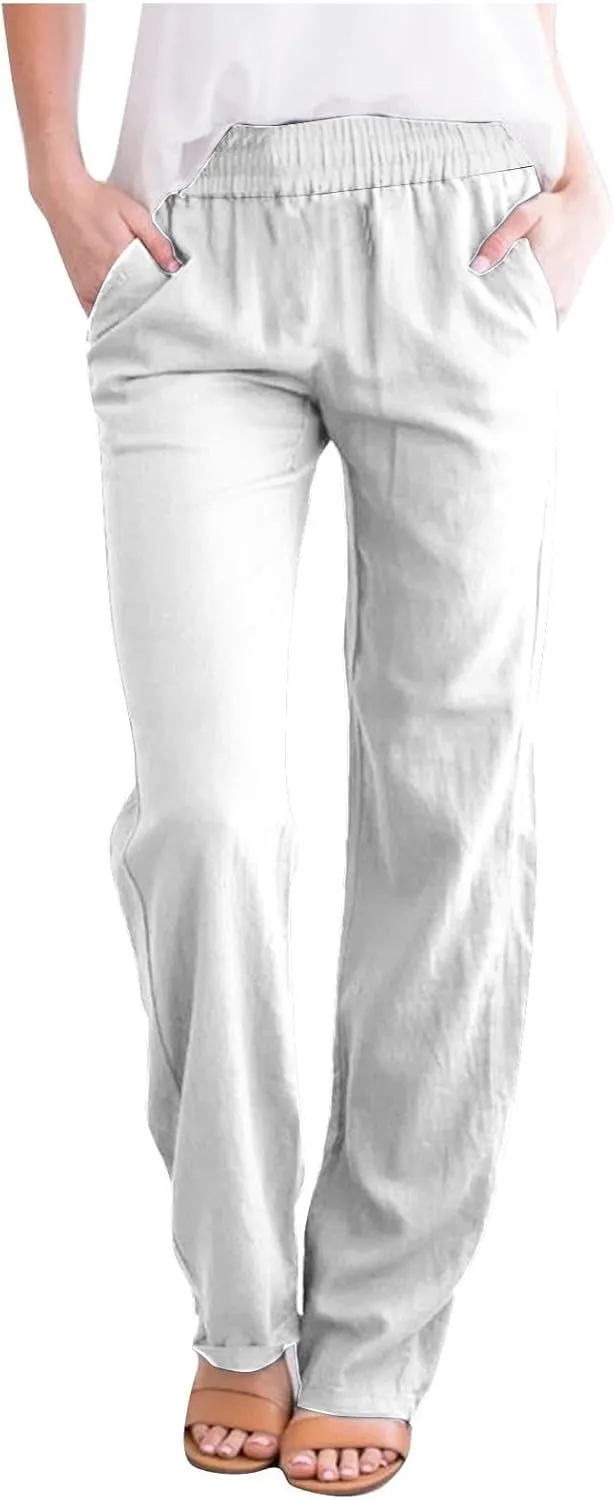 Linen Pants Women 2025 Summer Lightweight Baggy Lounge Pants Elastic High Waisted Straight Leg Pull on Pants with Pockets