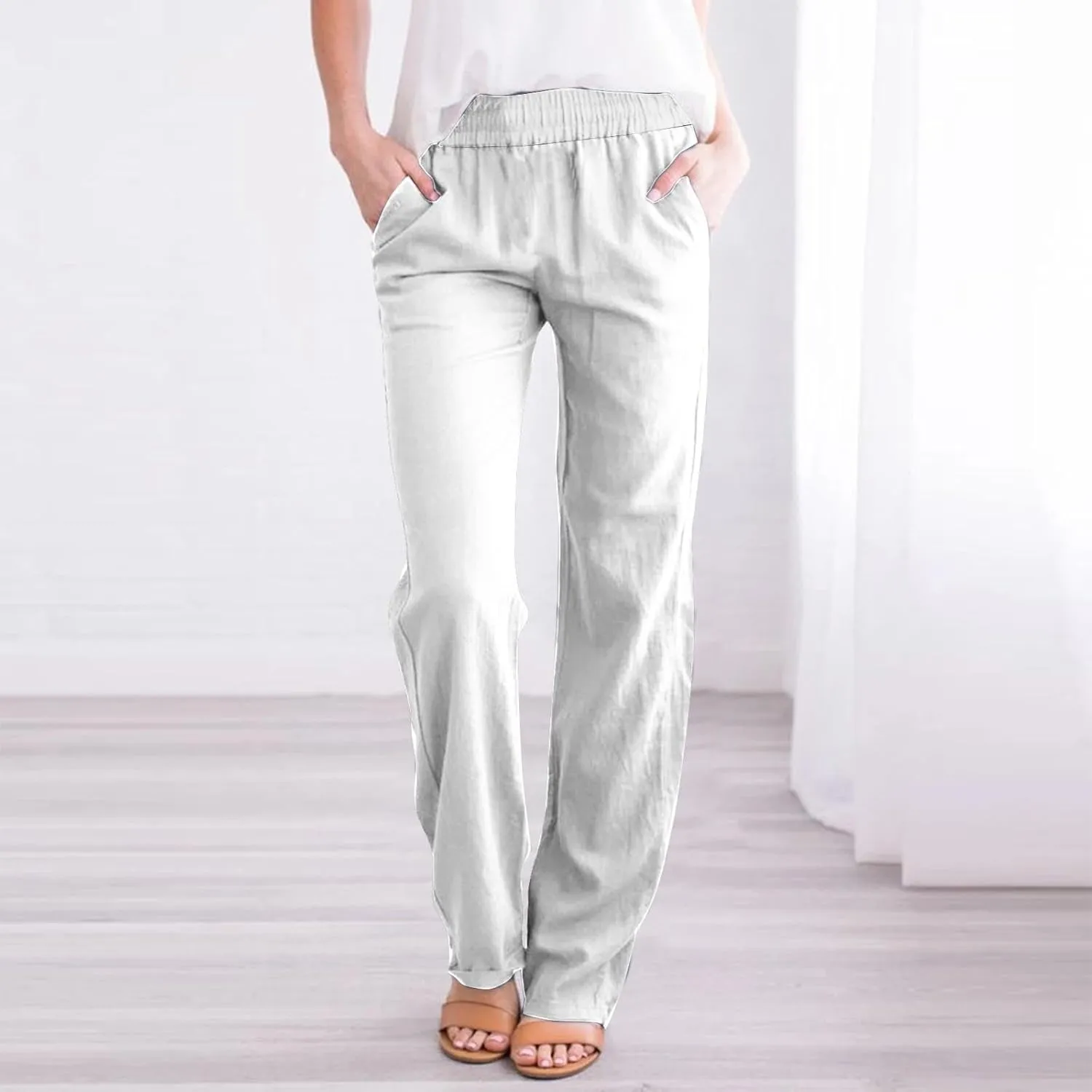 Linen Pants Women 2025 Summer Lightweight Baggy Lounge Pants Elastic High Waisted Straight Leg Pull on Pants with Pockets