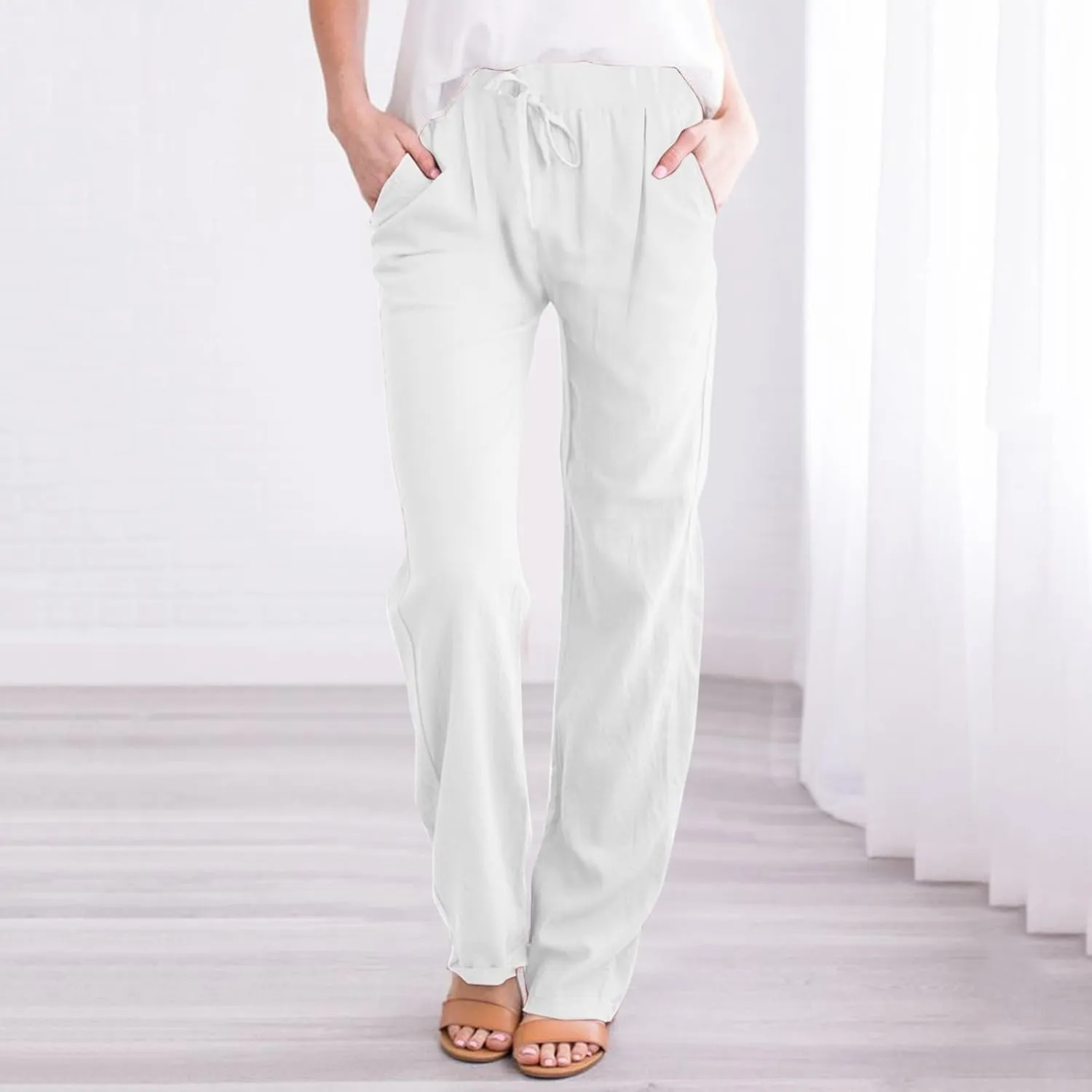 Linen Pants Women Cotton Linen Straight Leg Lightweight Pants Summer Pants Plus Size Women Loose Fit Trousers