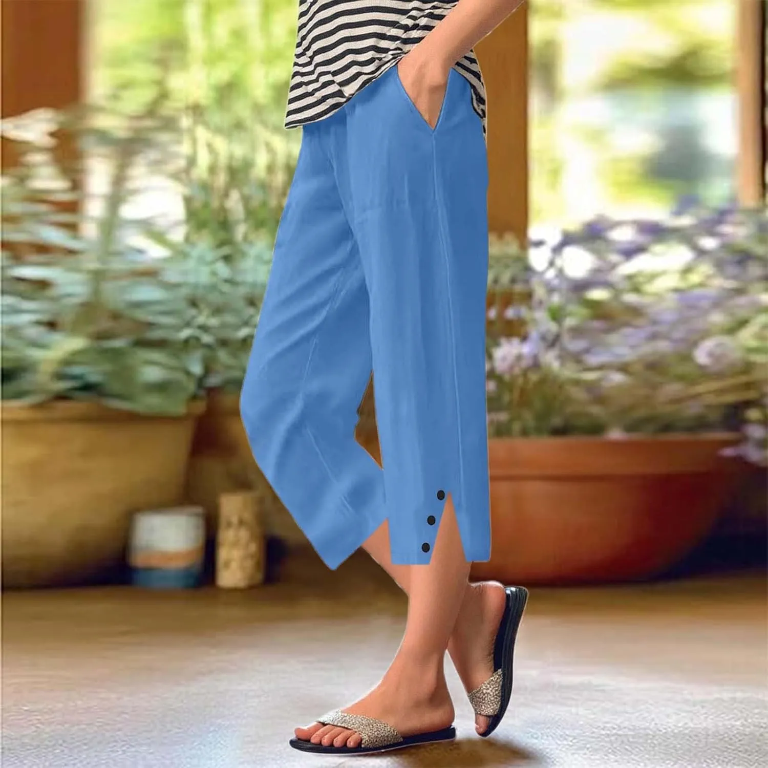 Linen Pants Women Cropped Loose High Waisted Lightweight Spring Summer Pants Palazzo Trousers Beach Travel Vacation Outfits