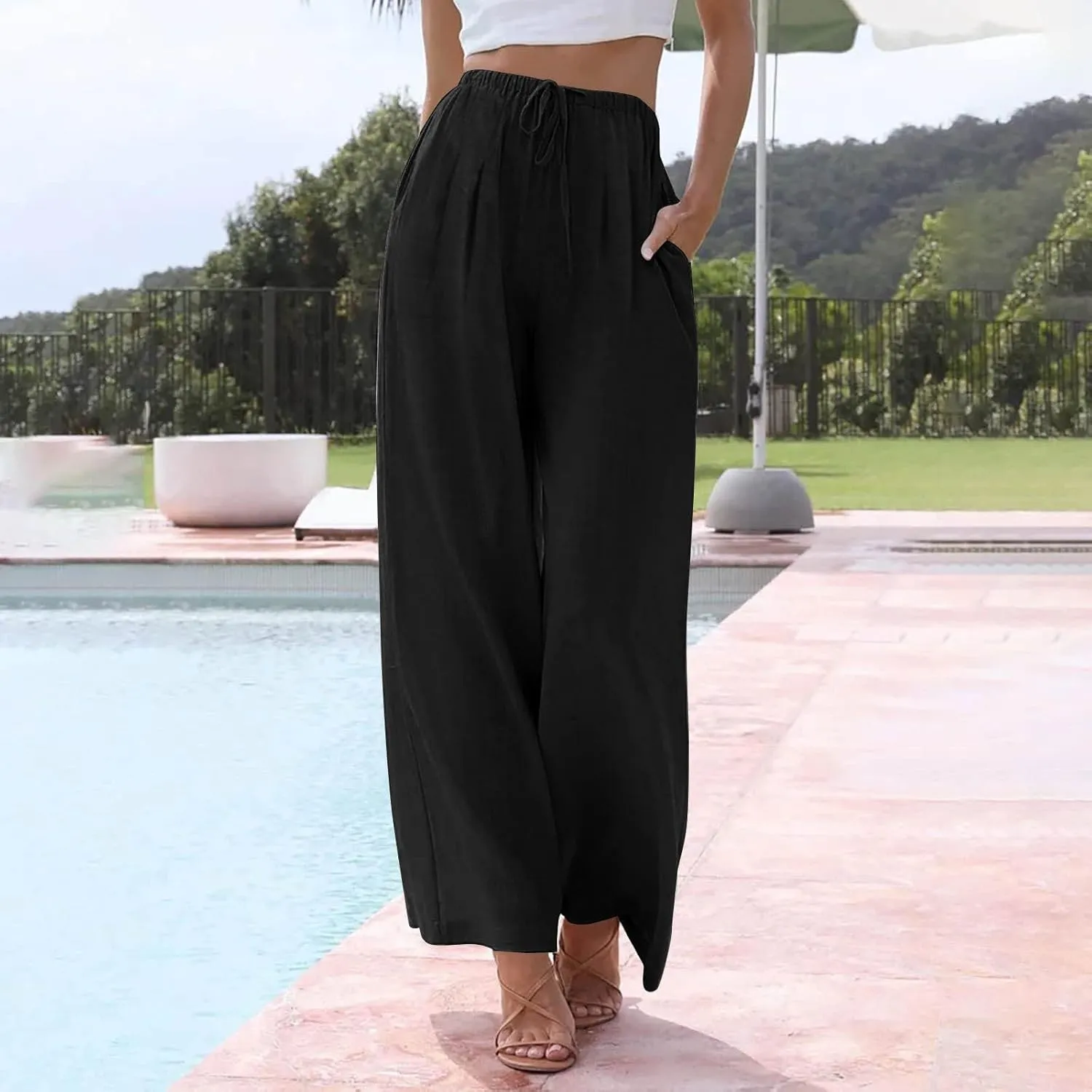 Linen Pants Women Drawstring Elastic Waist Wide Leg Loose Fit Summer Trouser Palazzo Pants Women with Pockets