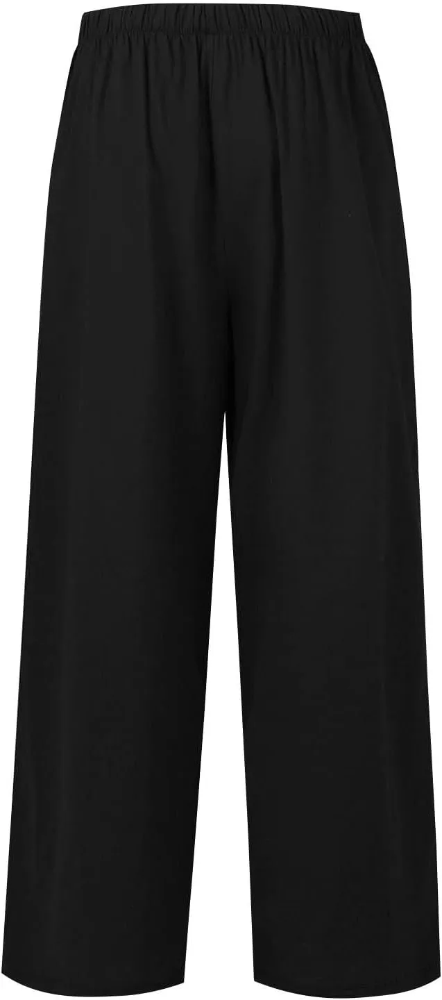 Linen Pants Women Drawstring Elastic Waist Wide Leg Loose Fit Summer Trouser Palazzo Pants Women with Pockets