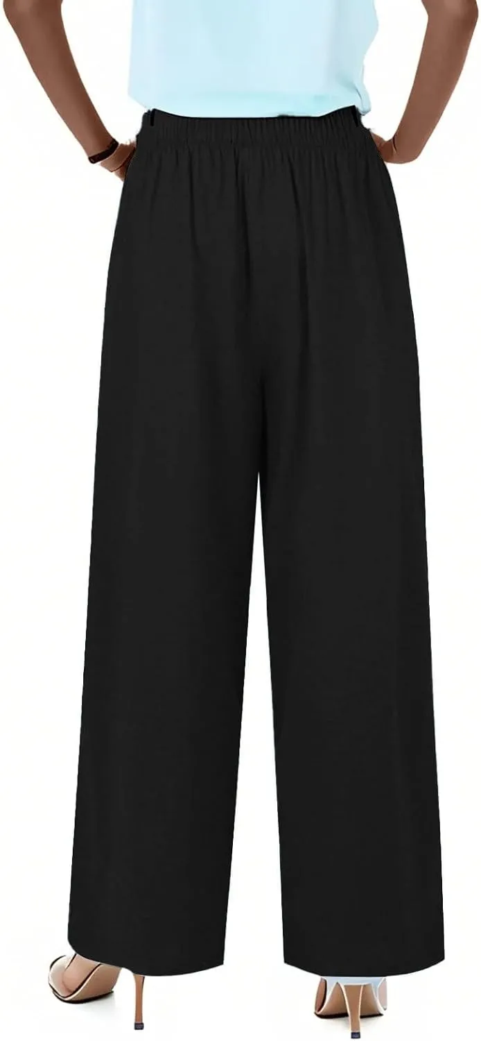 Linen Pants Women Drawstring Elastic Waist Wide Leg Loose Fit Summer Trouser Palazzo Pants Women with Pockets