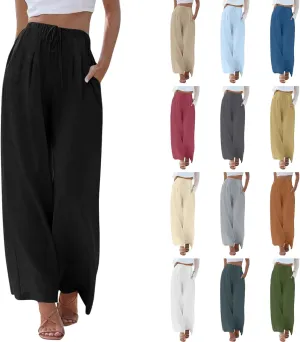 Linen Pants Women Drawstring Elastic Waist Wide Leg Loose Fit Summer Trouser Palazzo Pants Women with Pockets