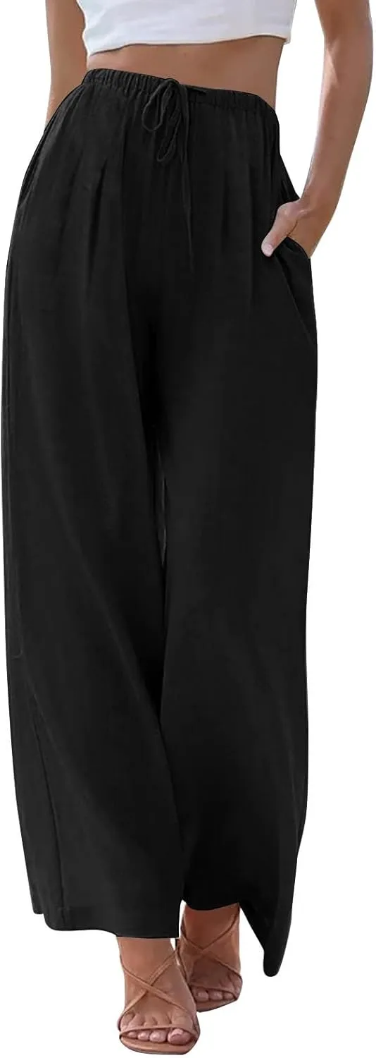 Linen Pants Women Drawstring Elastic Waist Wide Leg Loose Fit Summer Trouser Palazzo Pants Women with Pockets