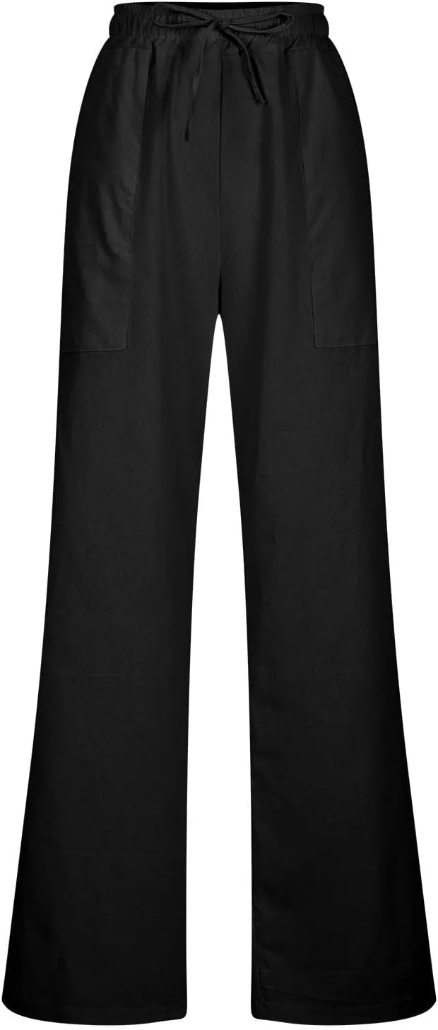 Linen Pants Women Drawstring Waist Linen Pants Solid Color Casual Linen Trousers with Pockets Summer Trendy Clothes
